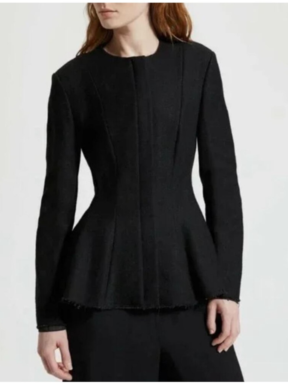 Theory Size 10 Black Canvas Tweed Ruffle Structured Peplum Movement Jacket